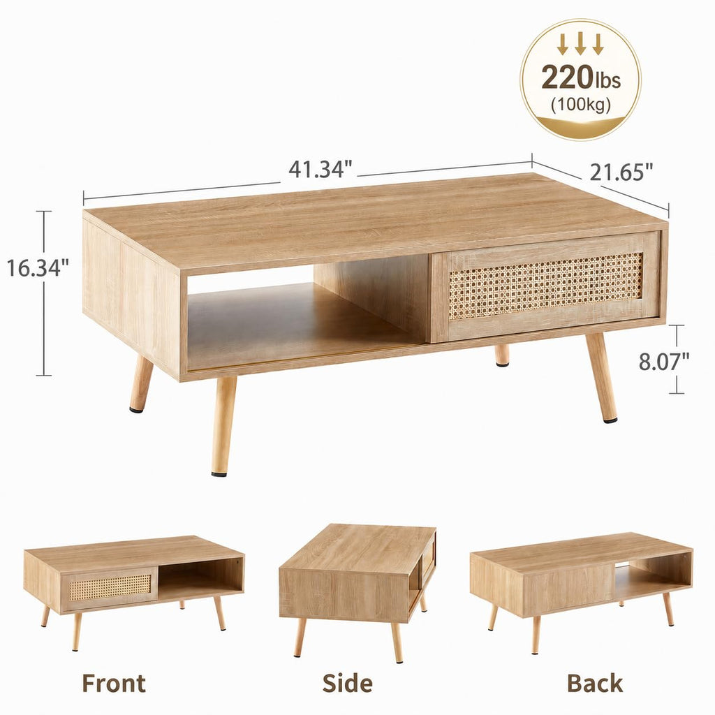 Rattan Coffee Table with Sliding Door Storage U6148