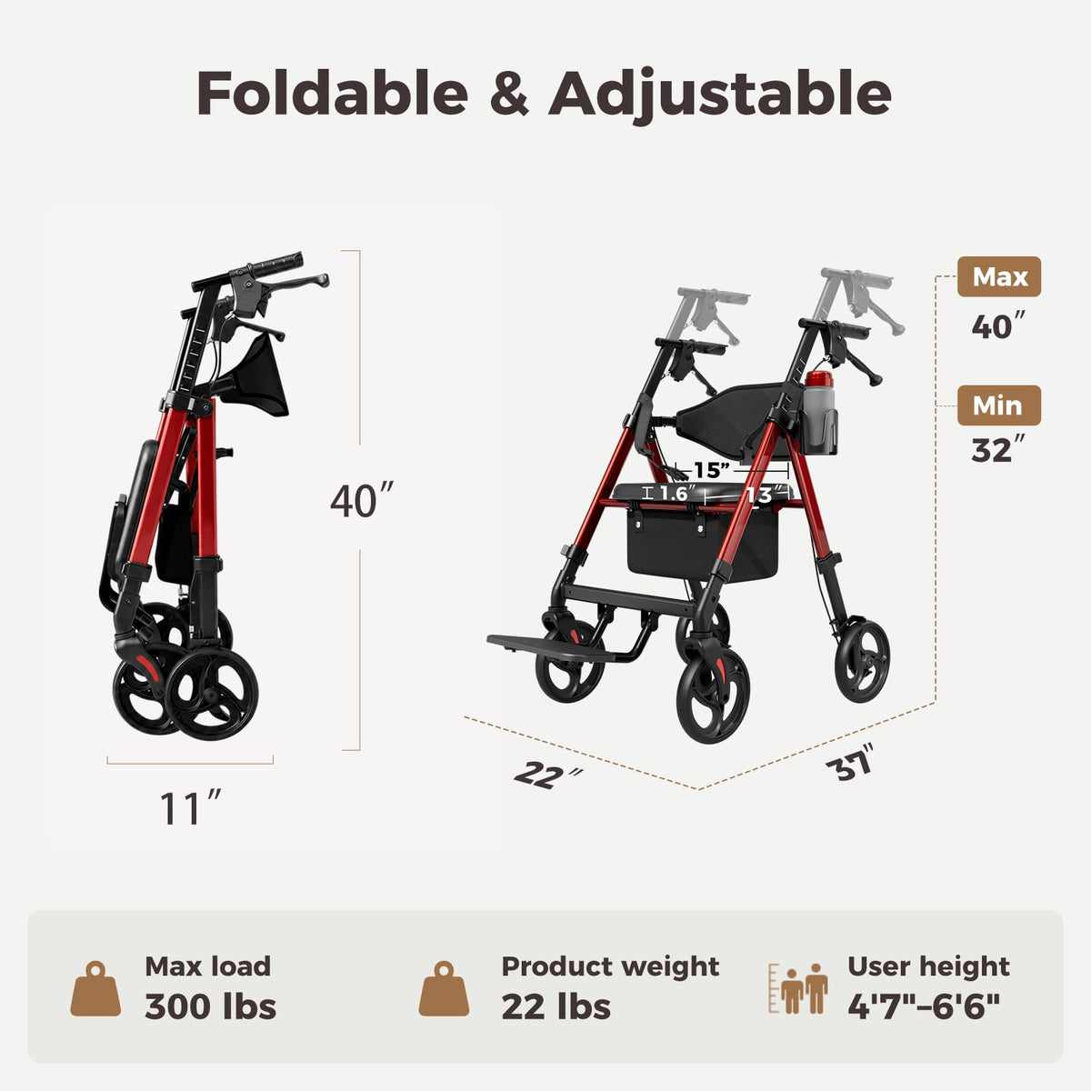 Lightweight Rollator Walkers Wheelchair Combo with Seat S435945