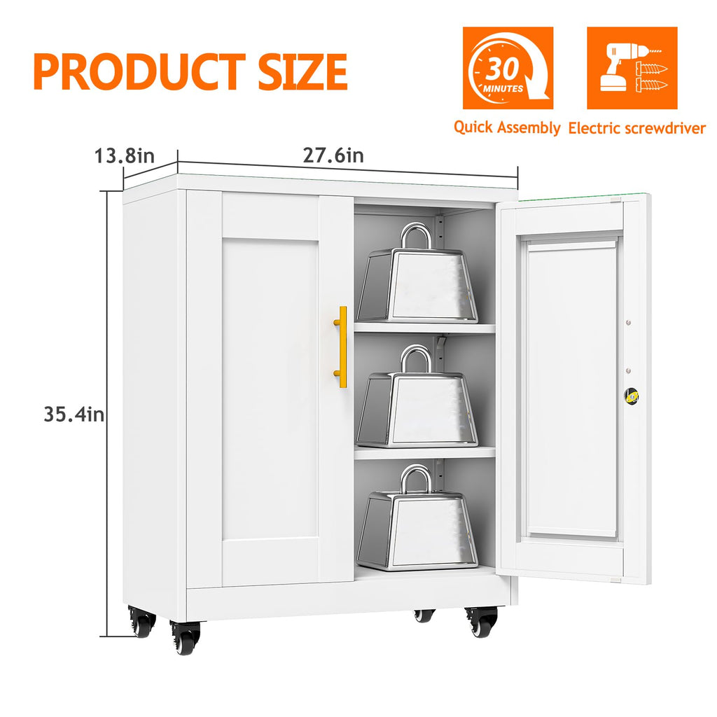 White Metal Storage Cabinet with Wheels H9773