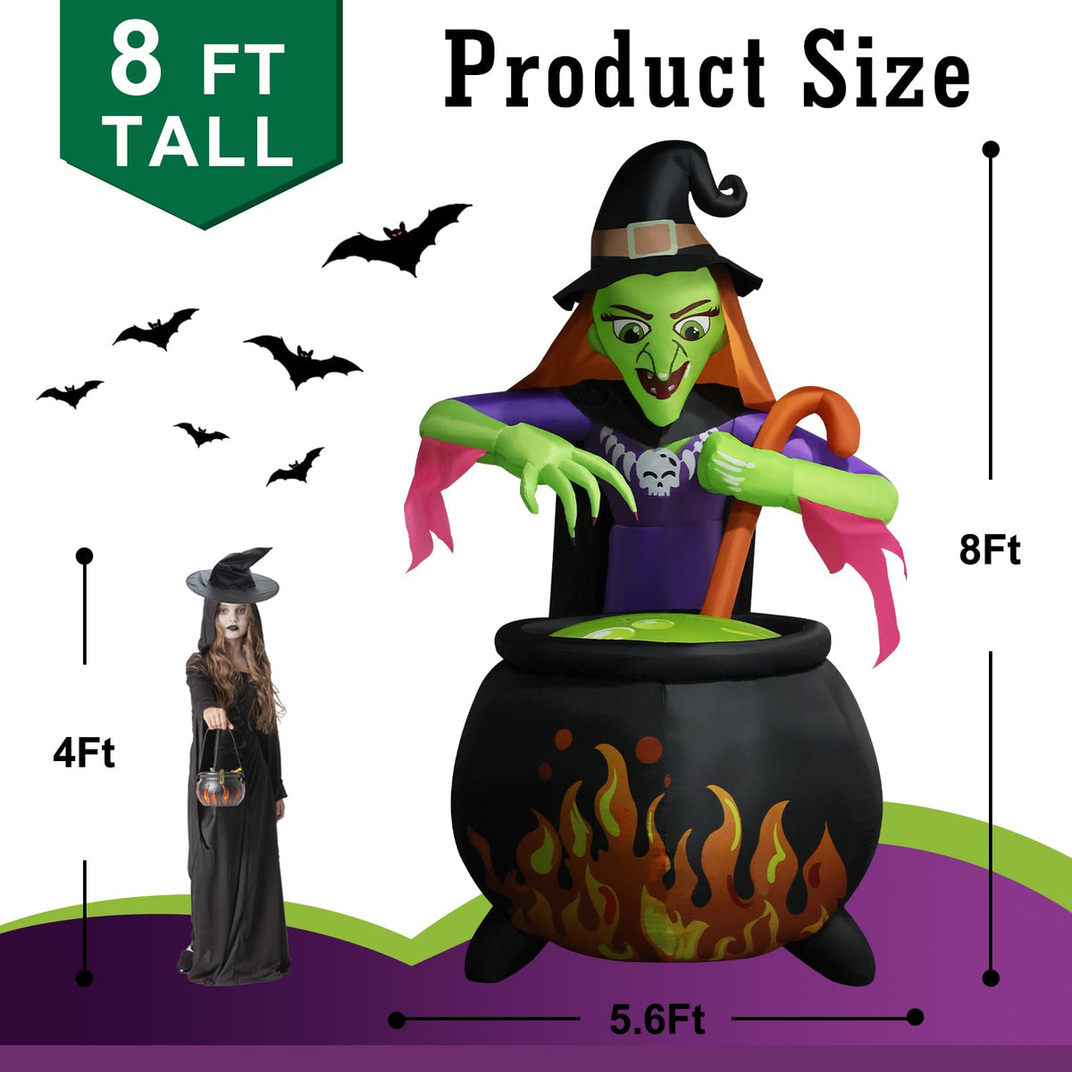 8Ft Tall Halloween Inflatable Witch Cauldron with 4 Led Lights E439