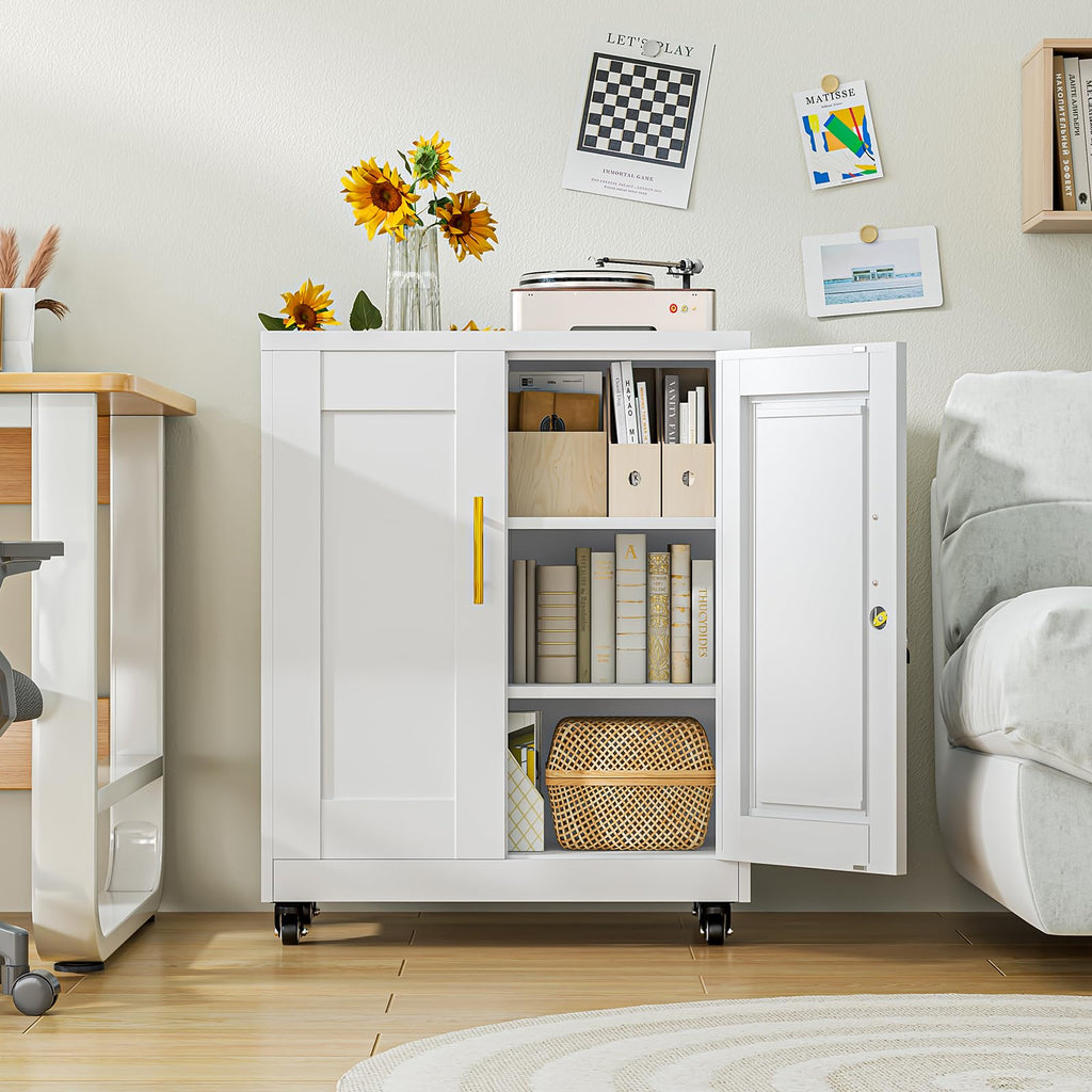 White Metal Storage Cabinet with Wheels H9773