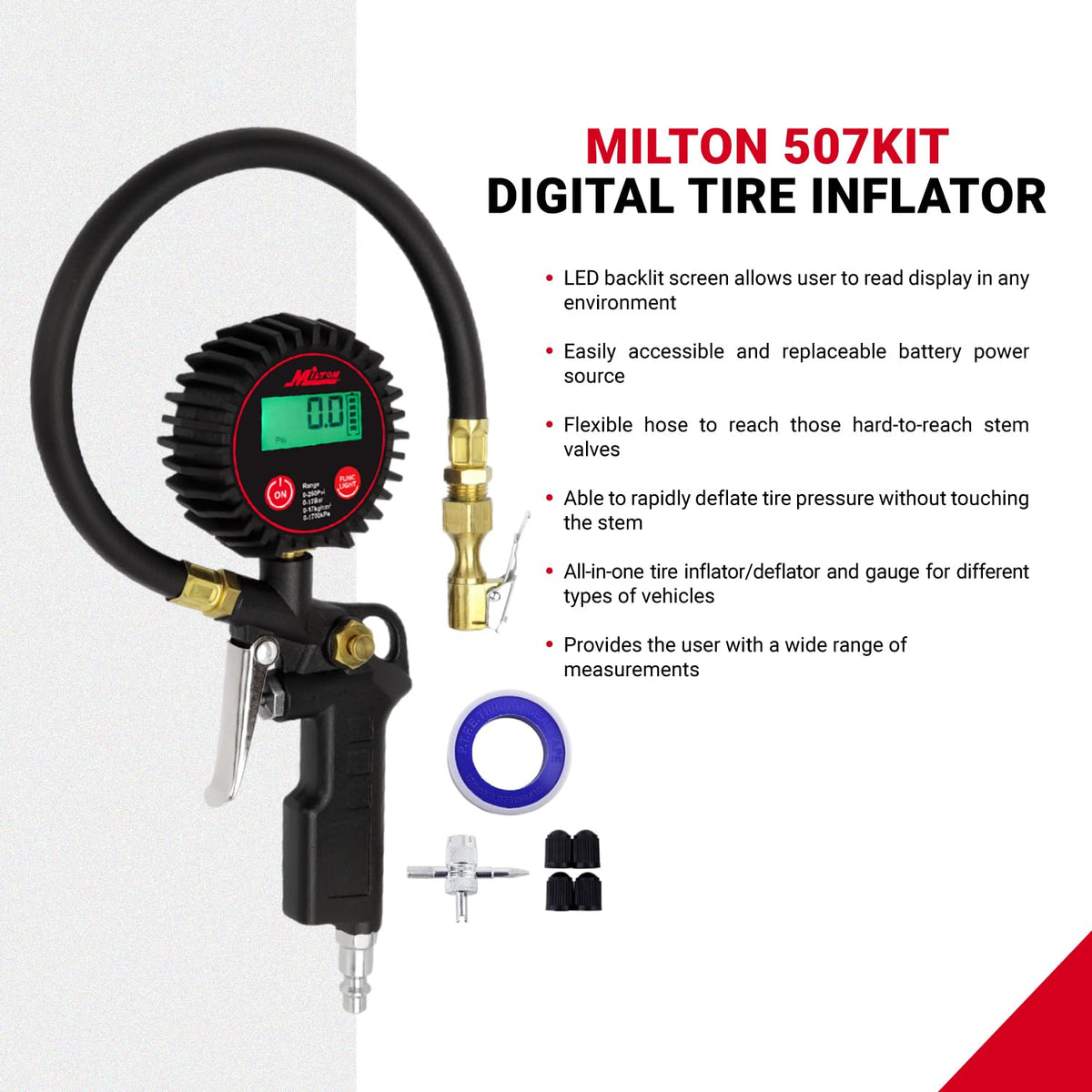 Digital Tire Inflator with Pressure Gauge and 14” Rubber Air Hose K2502