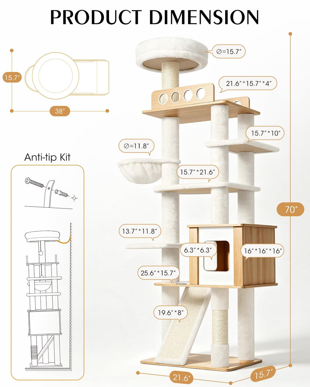70" Wood Cat Tree for Large Cats G735