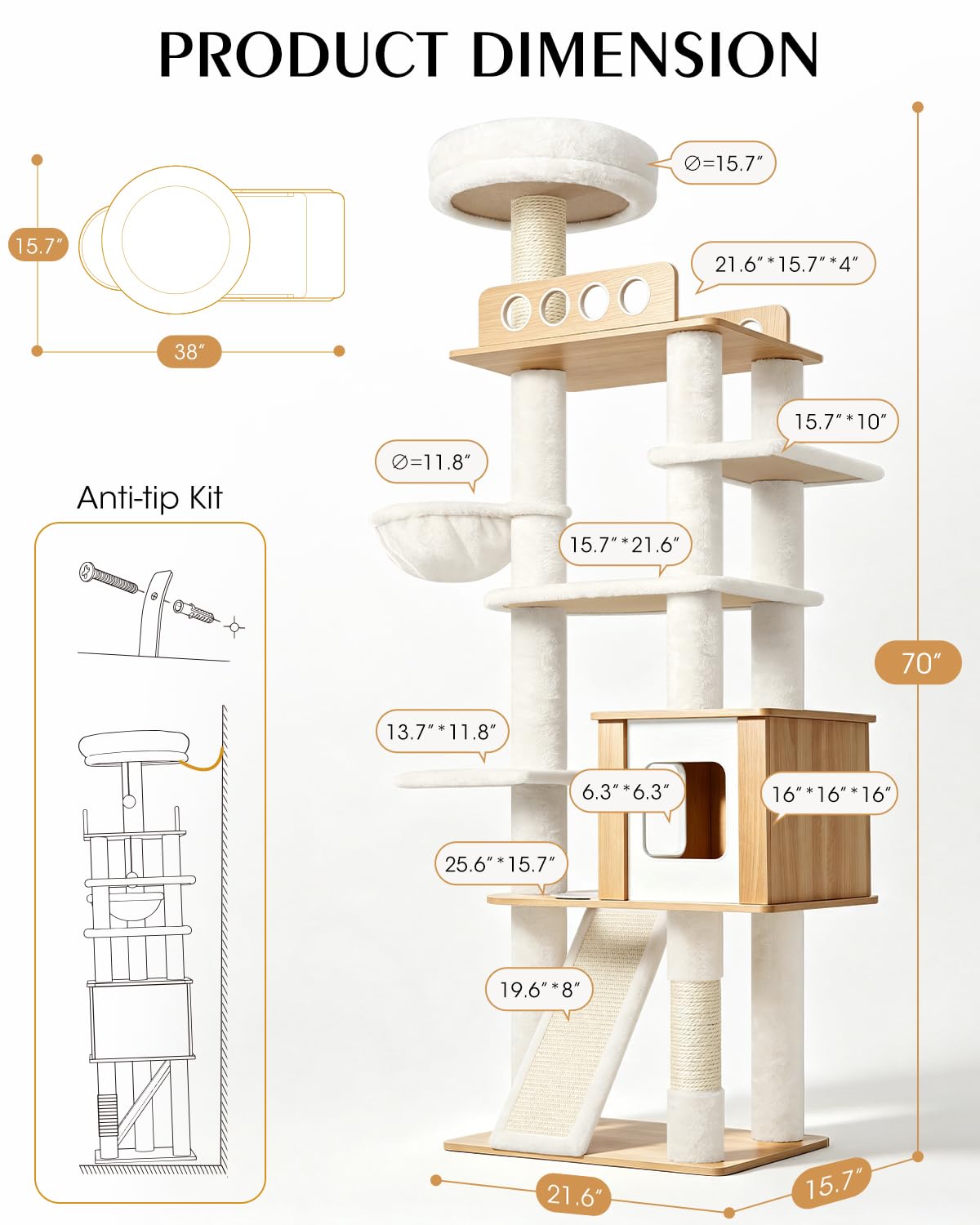 70" Wood Cat Tree for Large Cats G735
