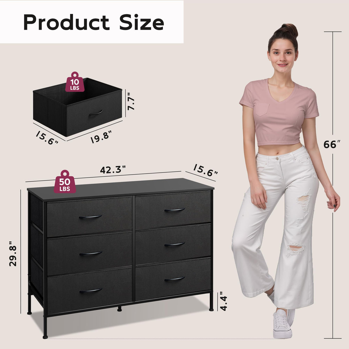 Black 6 Drawer Fabric Dresser F87068
