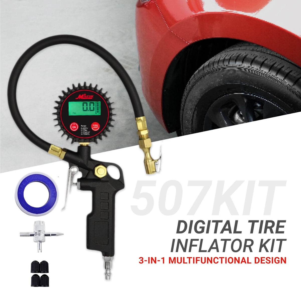 Digital Tire Inflator with Pressure Gauge and 14” Rubber Air Hose K2502