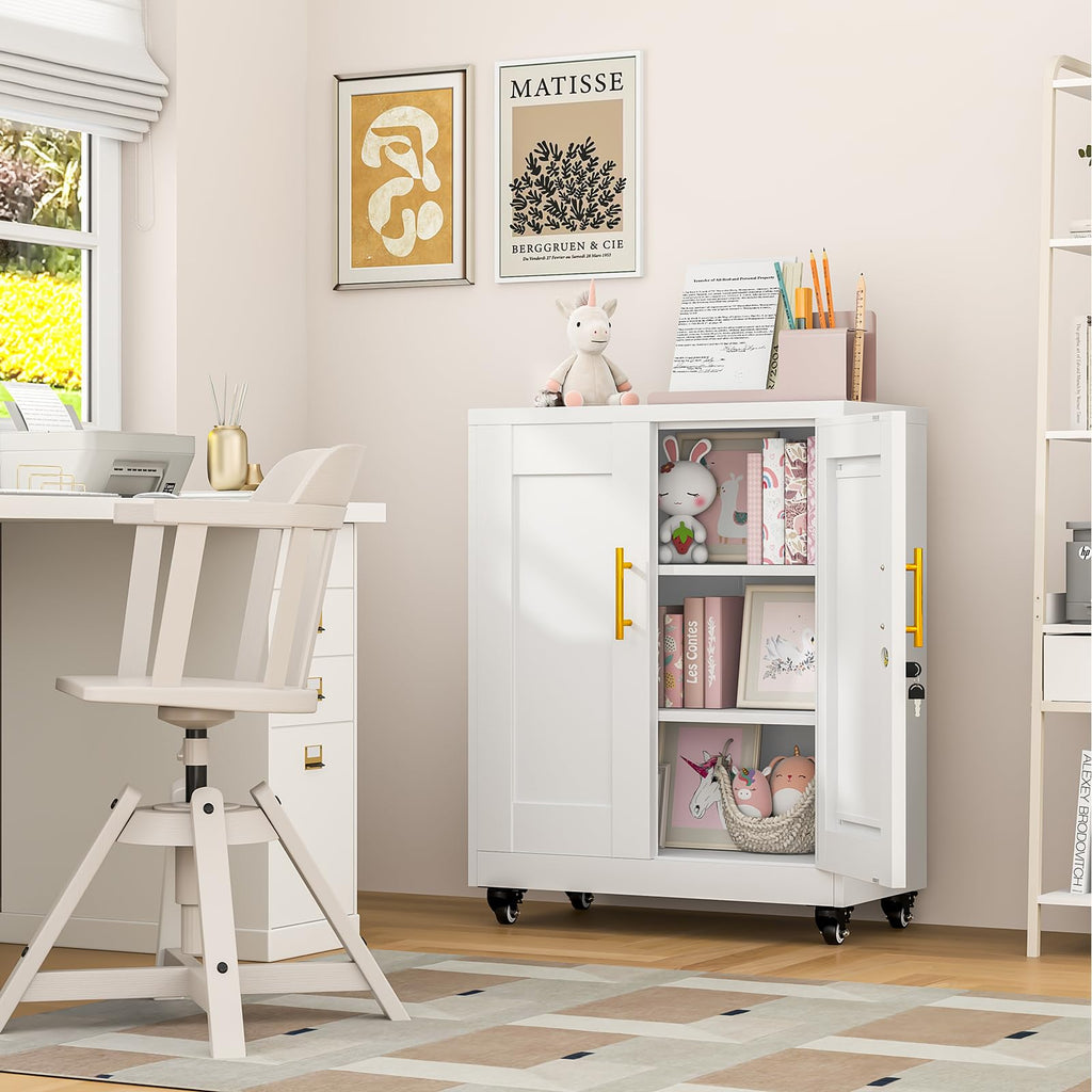 White Metal Storage Cabinet with Wheels H9773