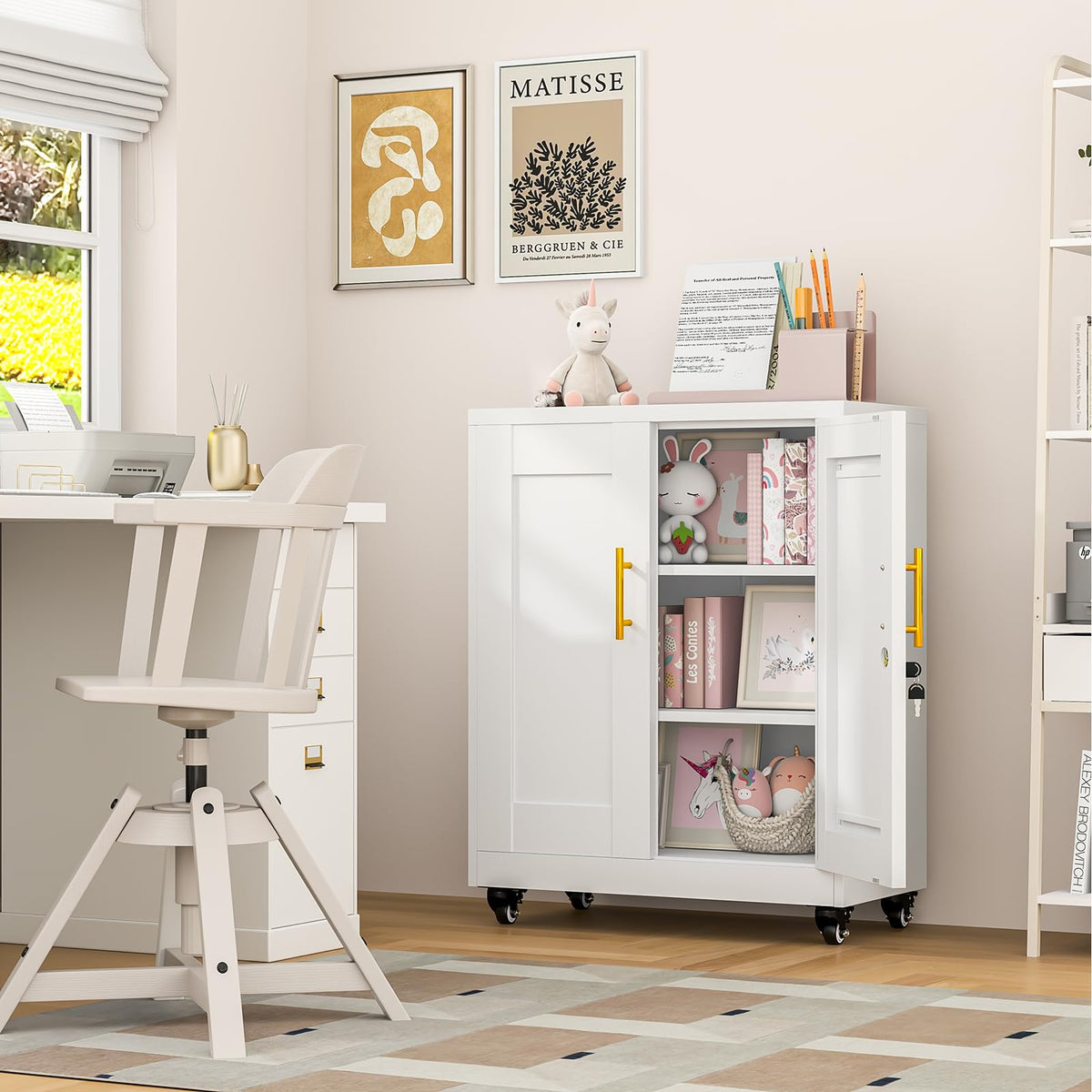 White Metal Storage Cabinet with Wheels H9773