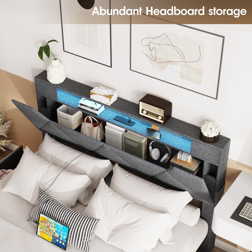 Full Size Upholstered Platform Bed Frame with Storage Headboard and 4 Drawers X91004