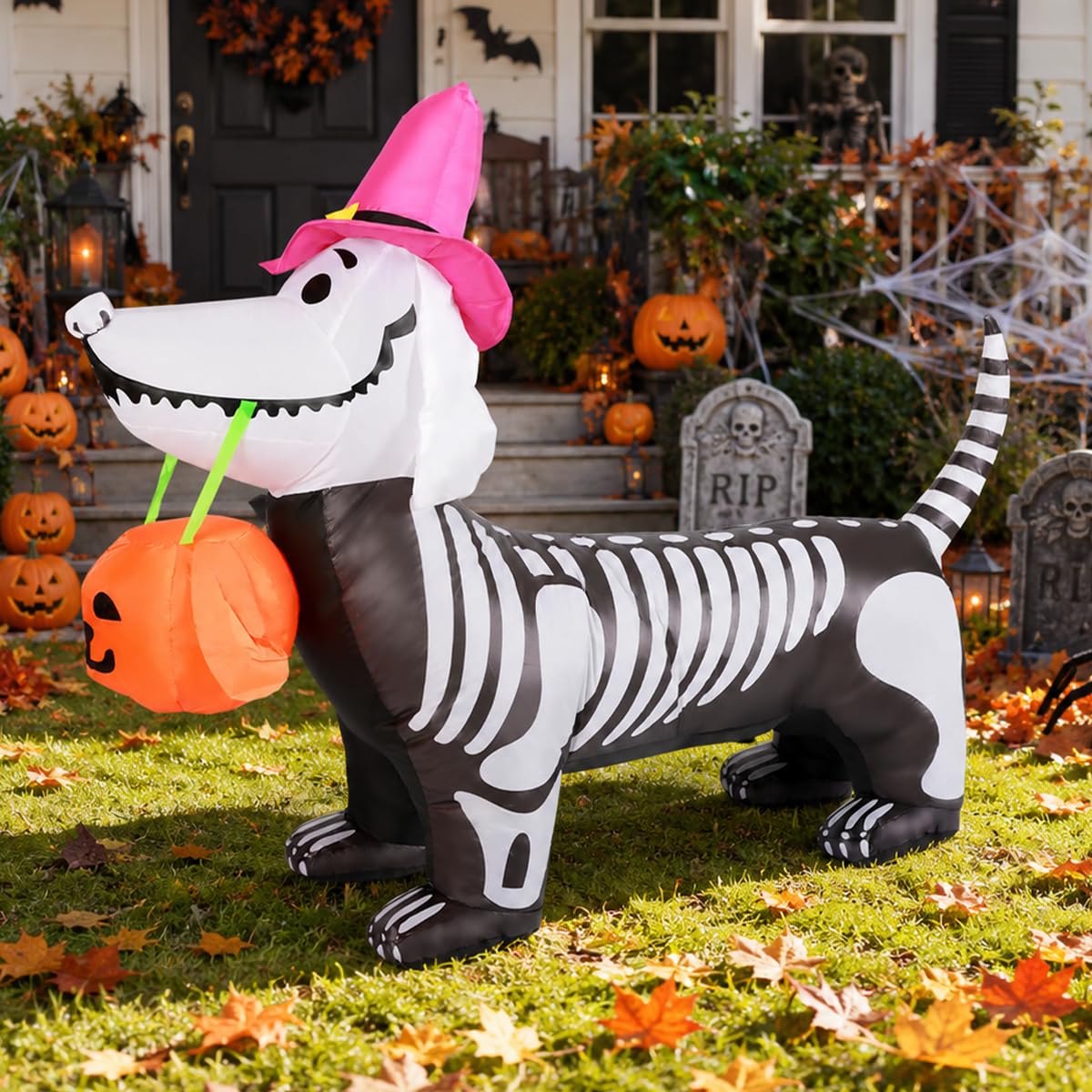 5.5 FT Halloween Inflatable Skeleton Puppy with Build-in LEDs D4670
