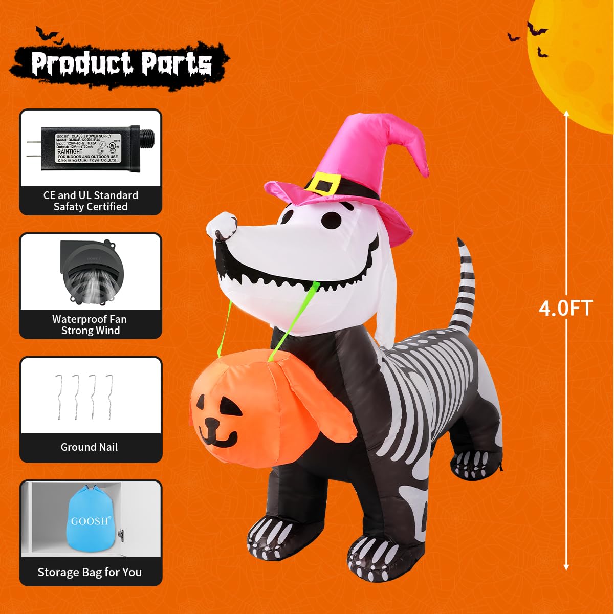 5.5 FT Halloween Inflatable Skeleton Puppy with Build-in LEDs D4670