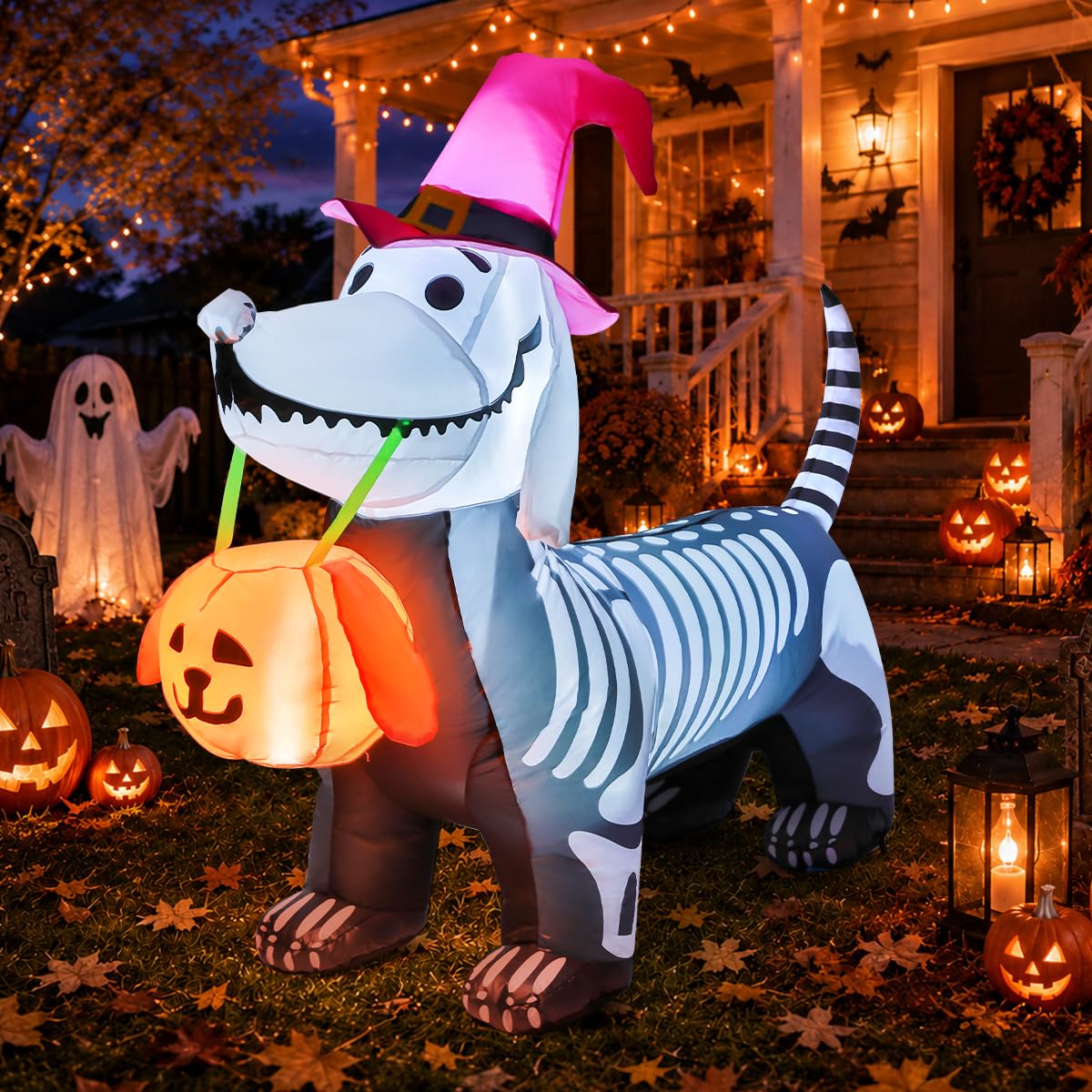 5.5 FT Halloween Inflatable Skeleton Puppy with Build-in LEDs D4670