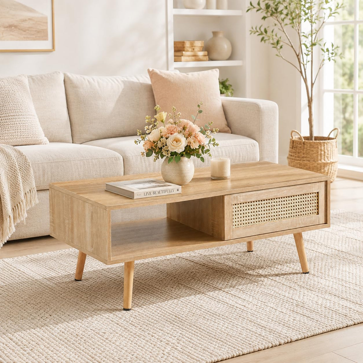 Rattan Coffee Table with Sliding Door Storage U6148