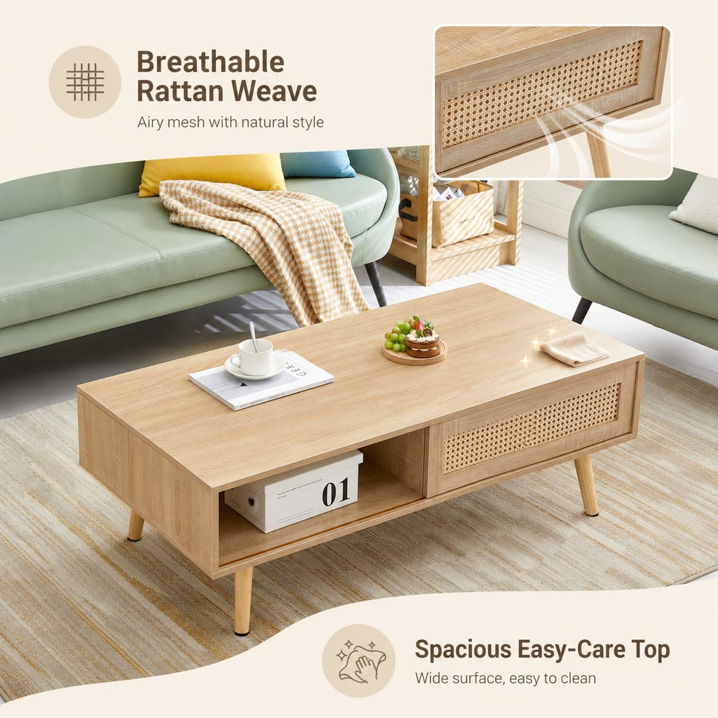Rattan Coffee Table with Sliding Door Storage U6148
