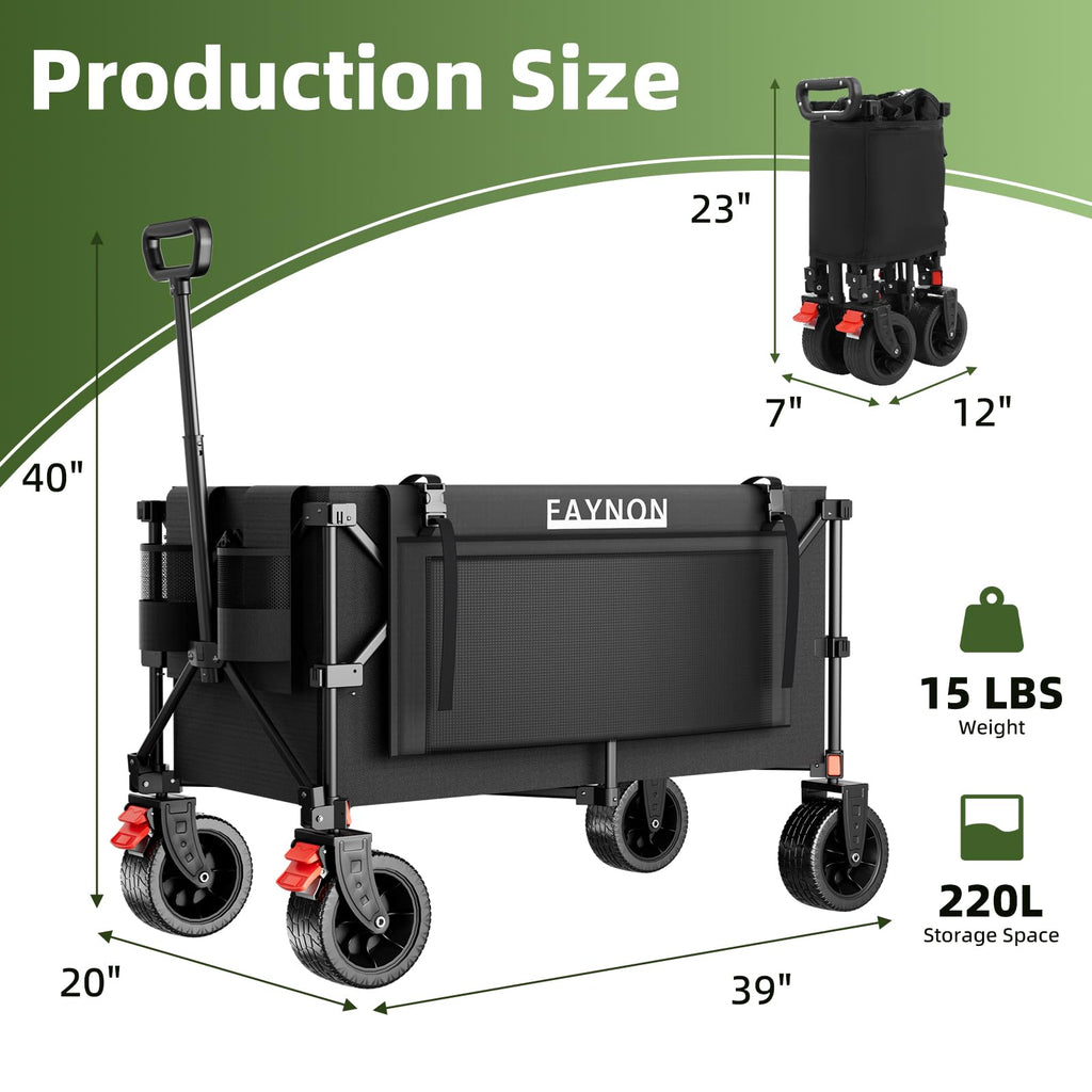 38" Collapsible Extended Wagon, 440lbs Capacity, 220L Heavy Duty Folding Cart, Black K9207