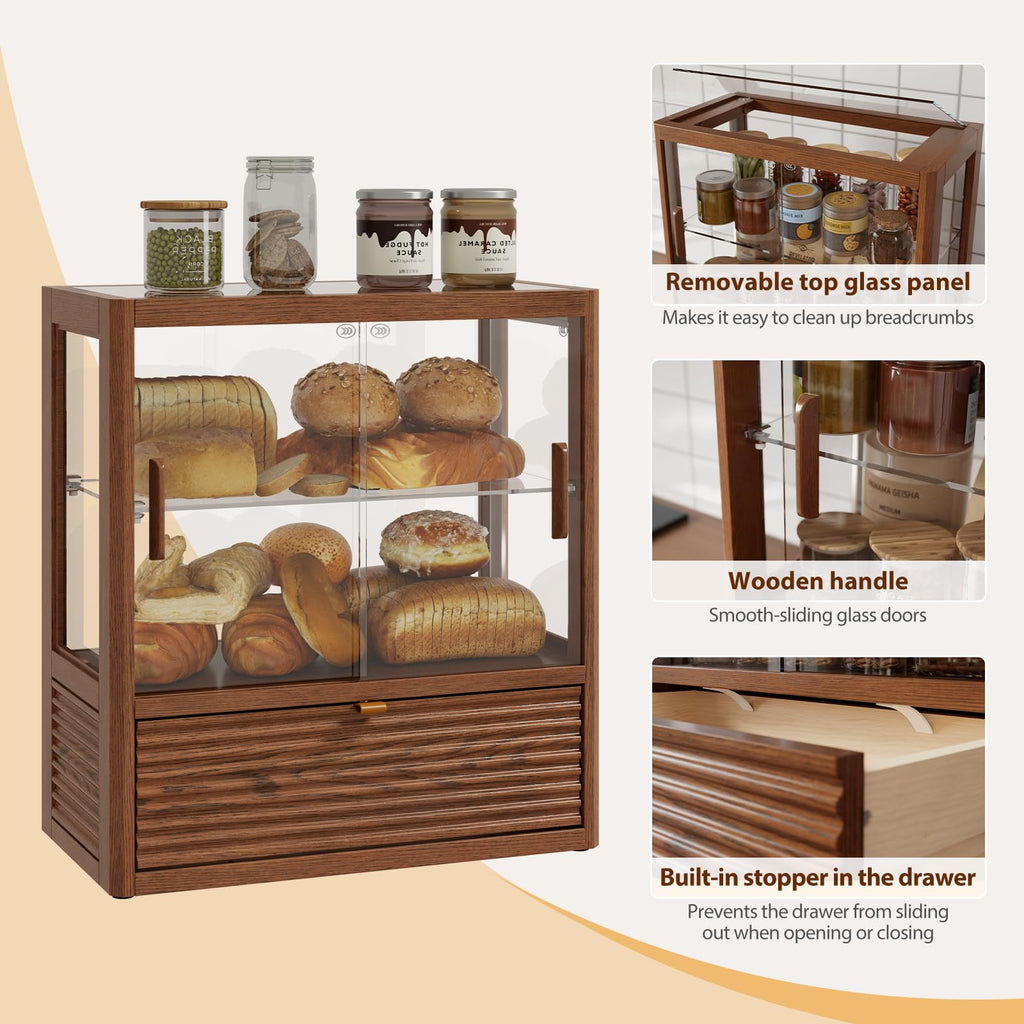 2-Tier Glass Door Wooden Bread Box D680237