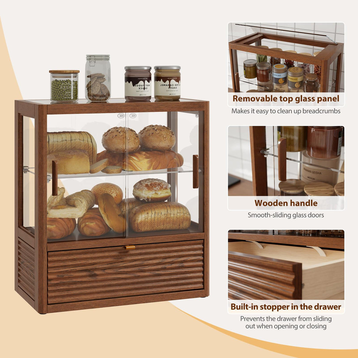 2-Tier Glass Door Wooden Bread Box D680237