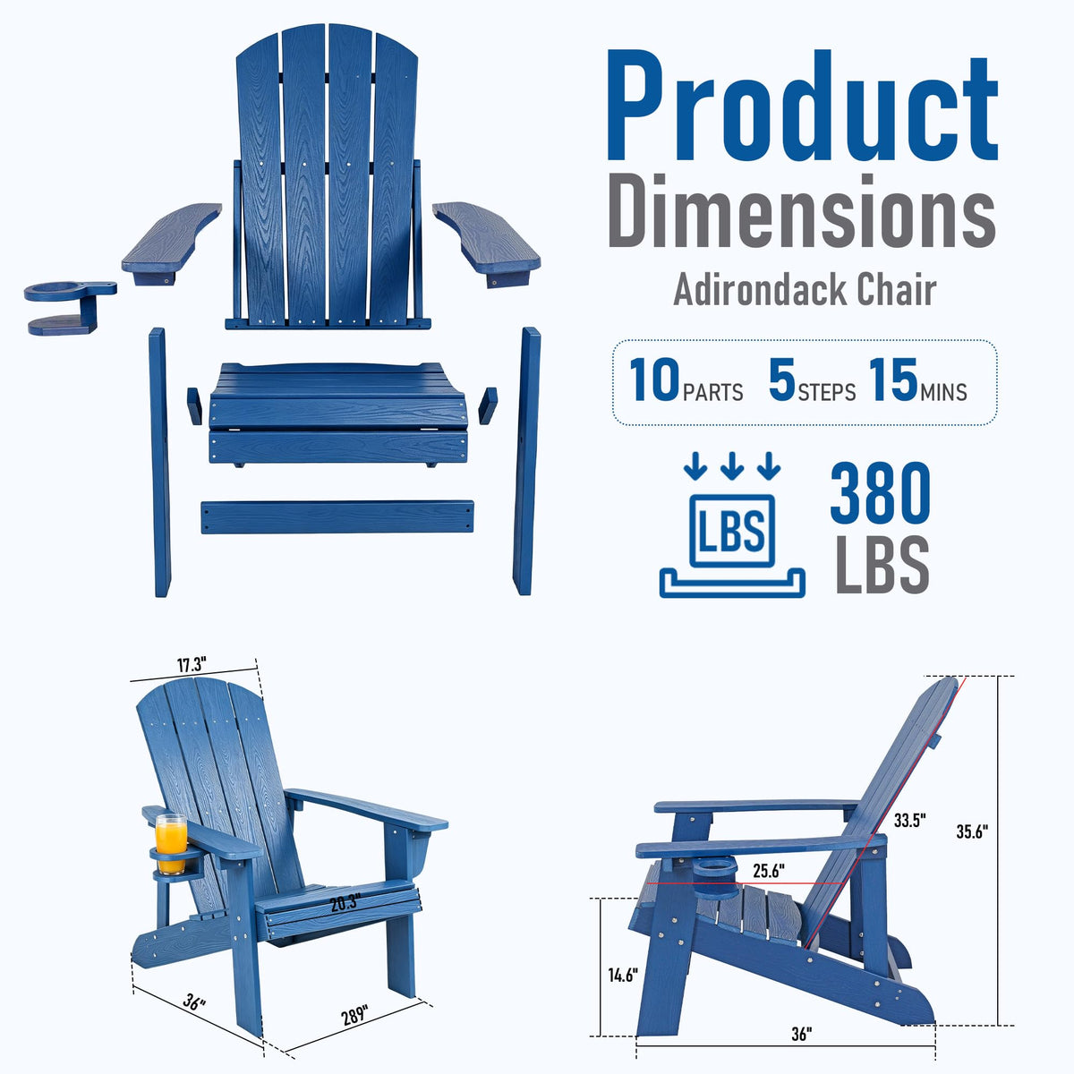 Blue HDPE Adirondack Chair with Cup Holders W540