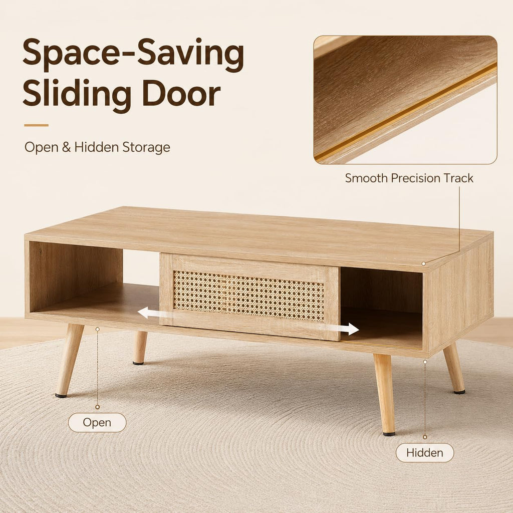 Rattan Coffee Table with Sliding Door Storage U6148