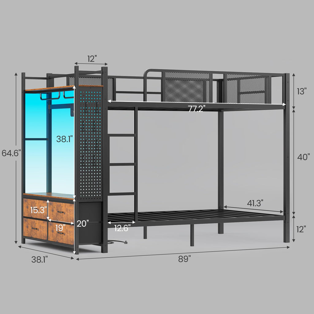 Twin Over Twin Metal Bunk Bed with Hall Tree and 4 Storage Drawers N4562