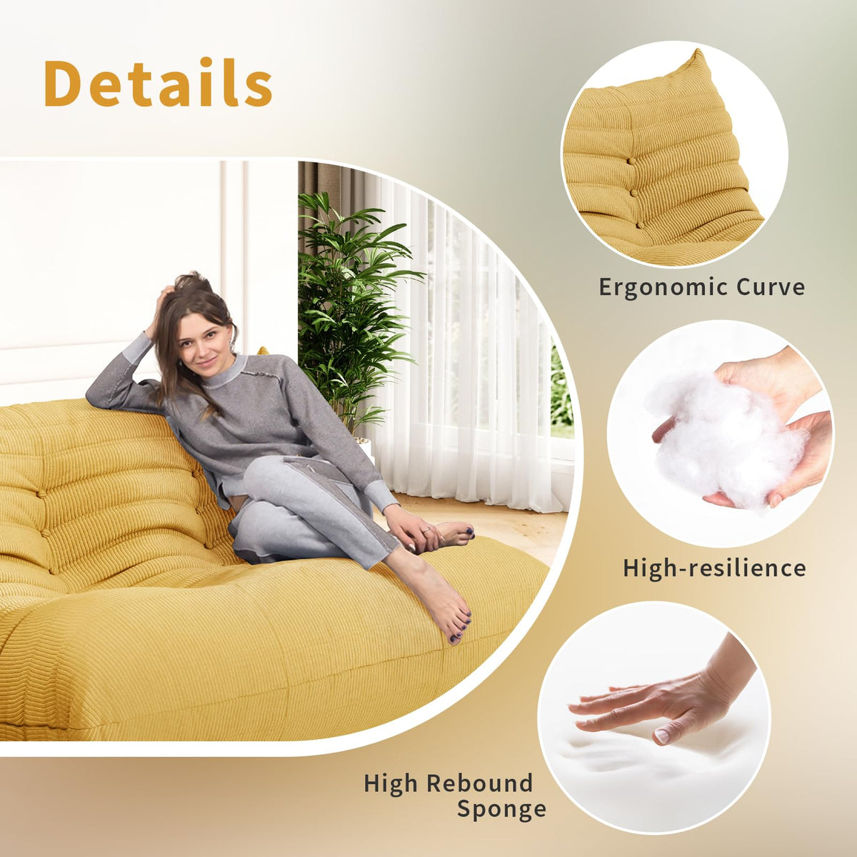 Yellow Corduroy Memory Foam Bean Bag Chair M3745