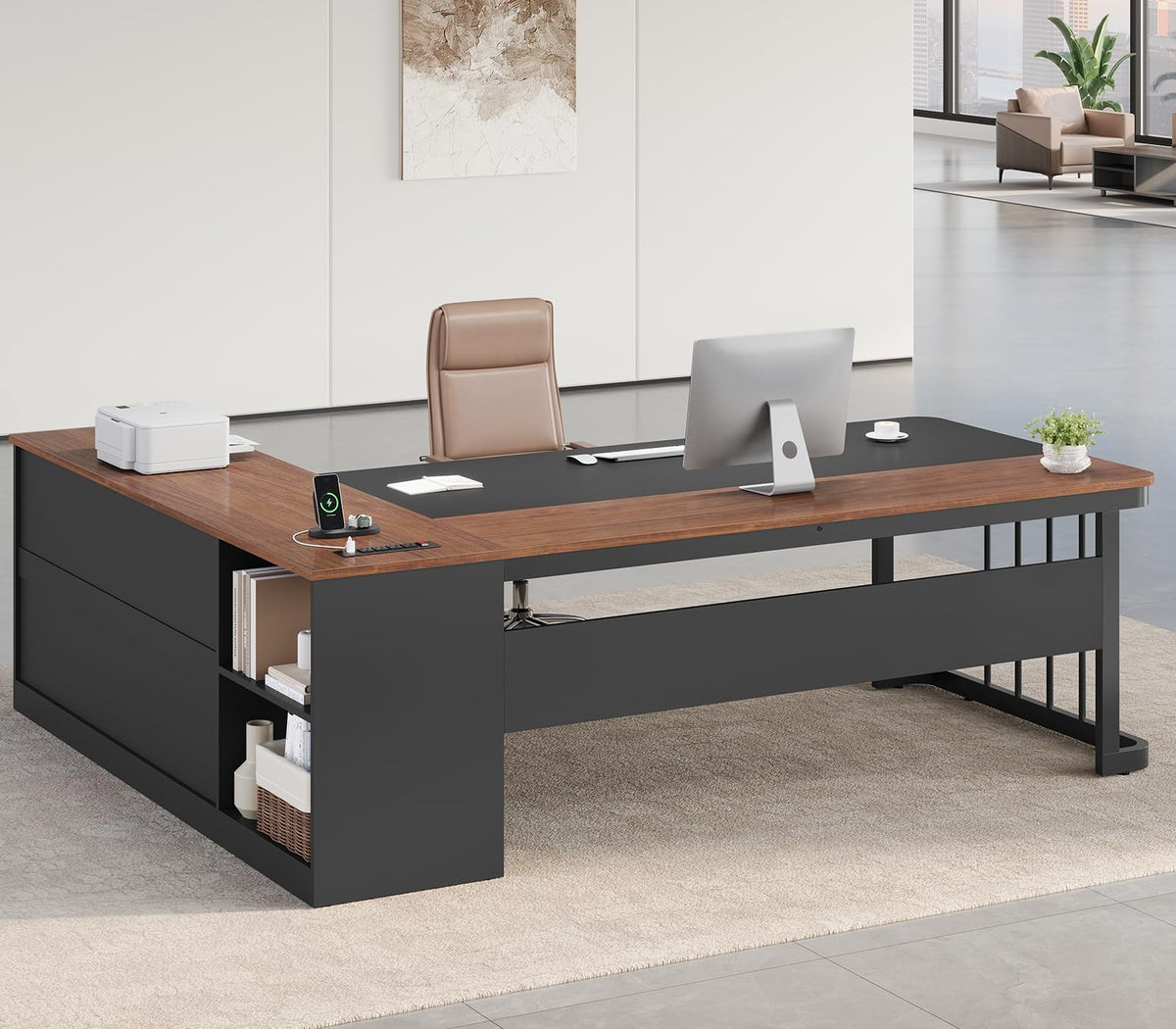 71" L Shaped Computer Desk with Drawers and Power Outlets S67293
