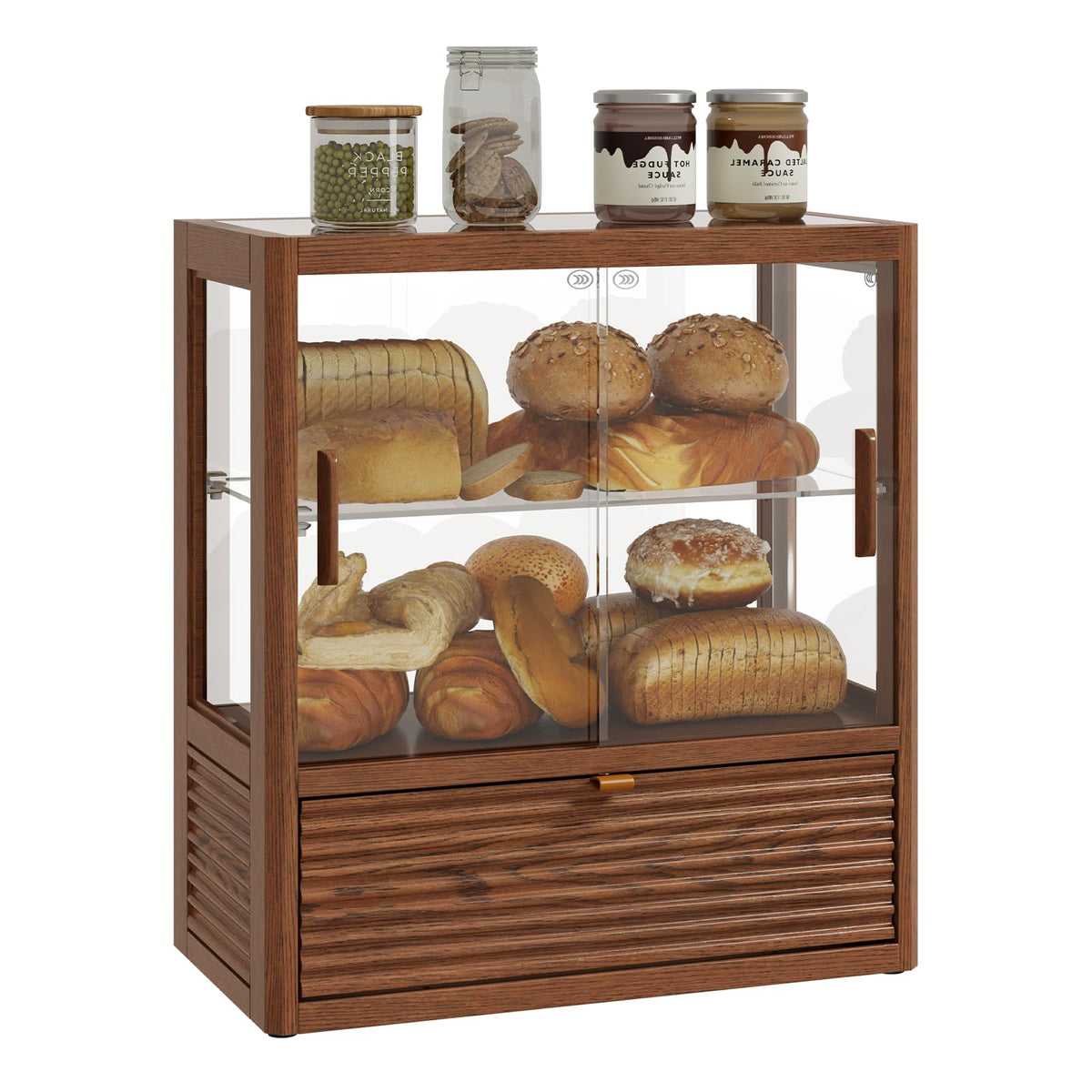 2-Tier Glass Door Wooden Bread Box D680237