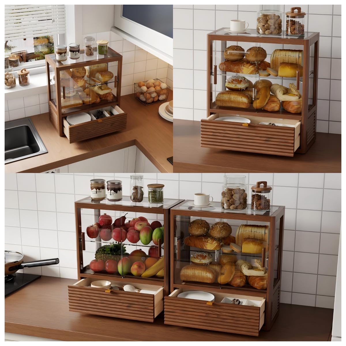 2-Tier Glass Door Wooden Bread Box D680237