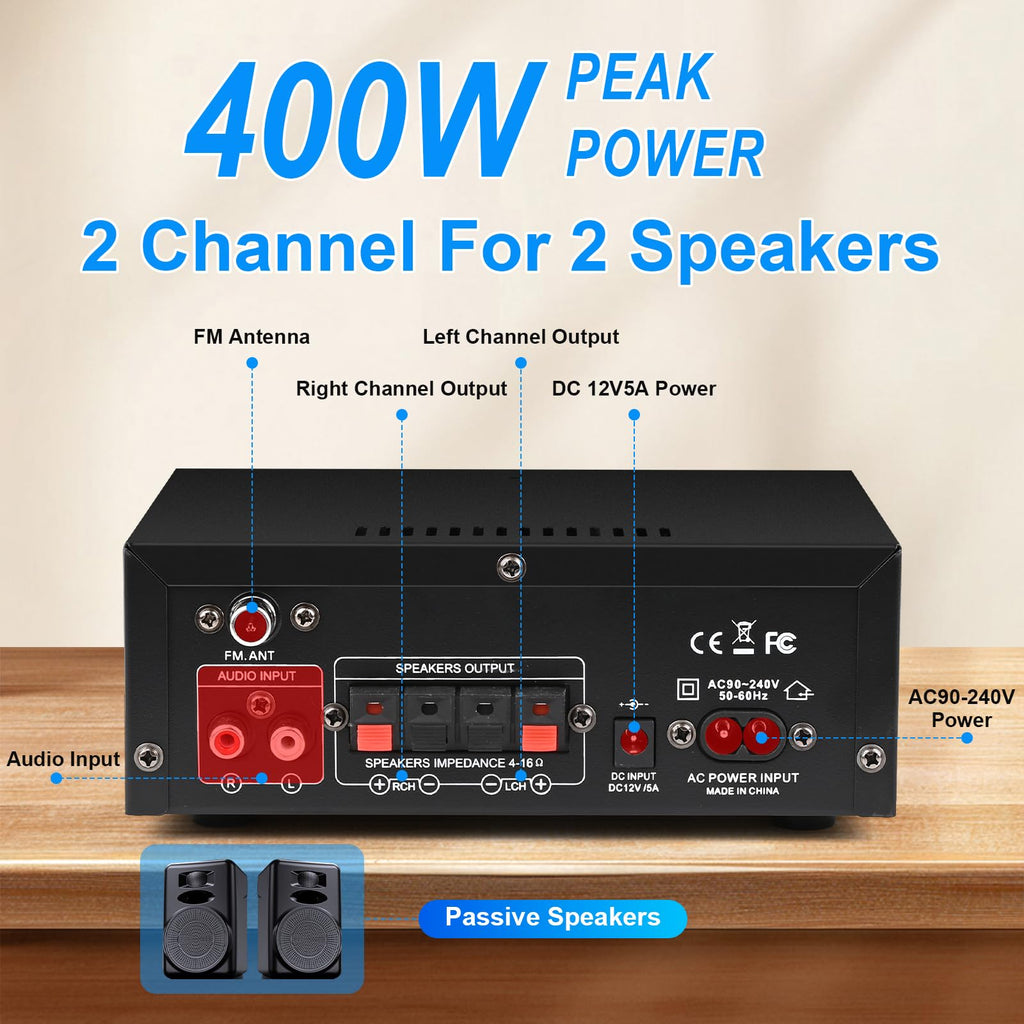 Bluetooth 5.0 Audio Amplifier 400W 2 Channel Stereo Receiver W6693