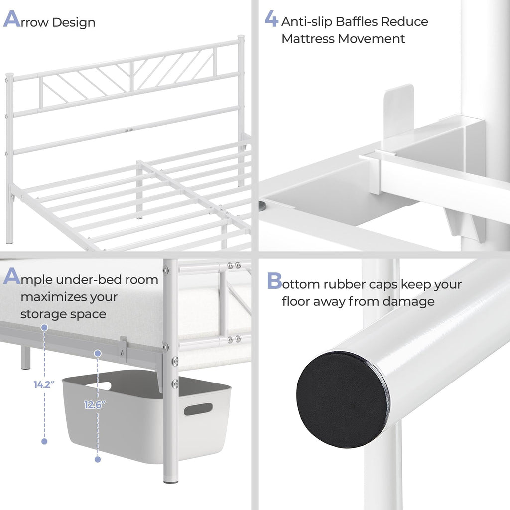 White Full Metal Platform Bed Frame with Arrow Design Headboard J562852