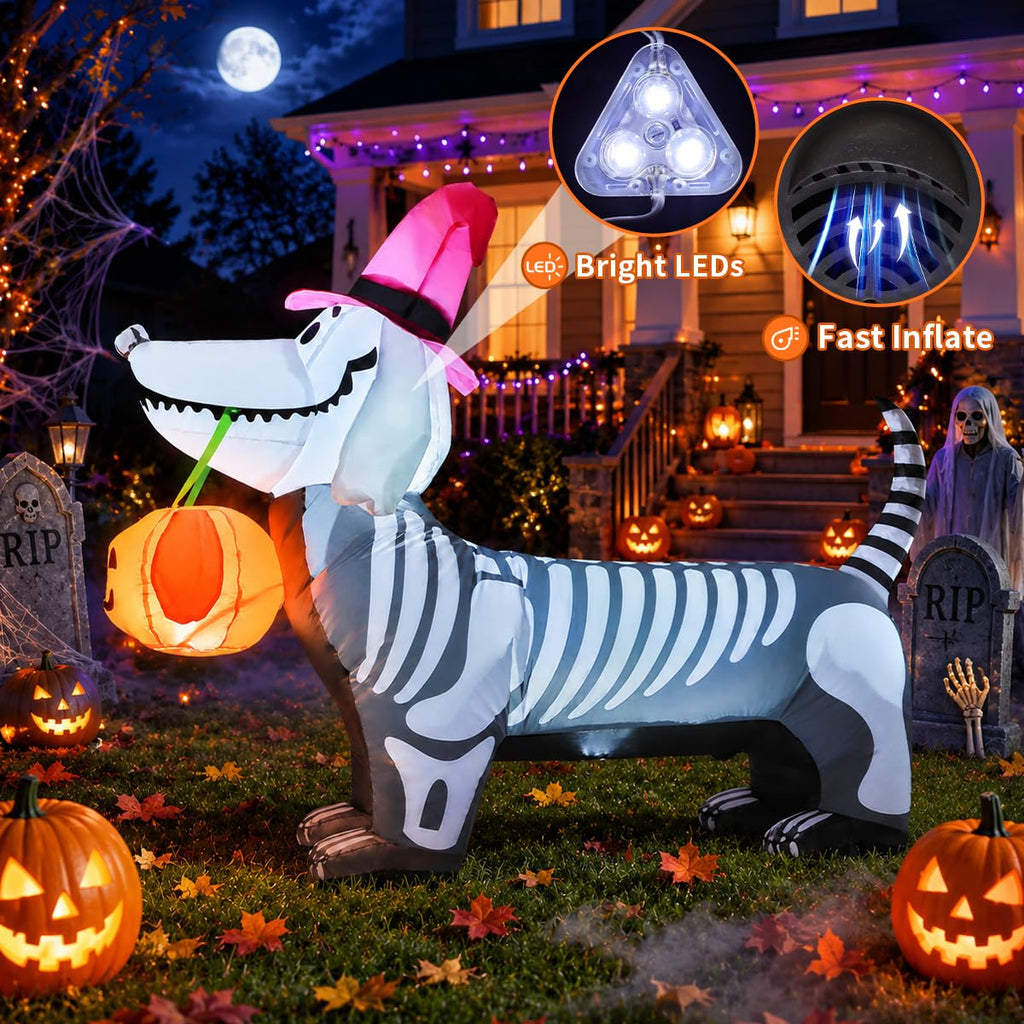 5.5 FT Halloween Inflatable Skeleton Puppy with Build-in LEDs D4670