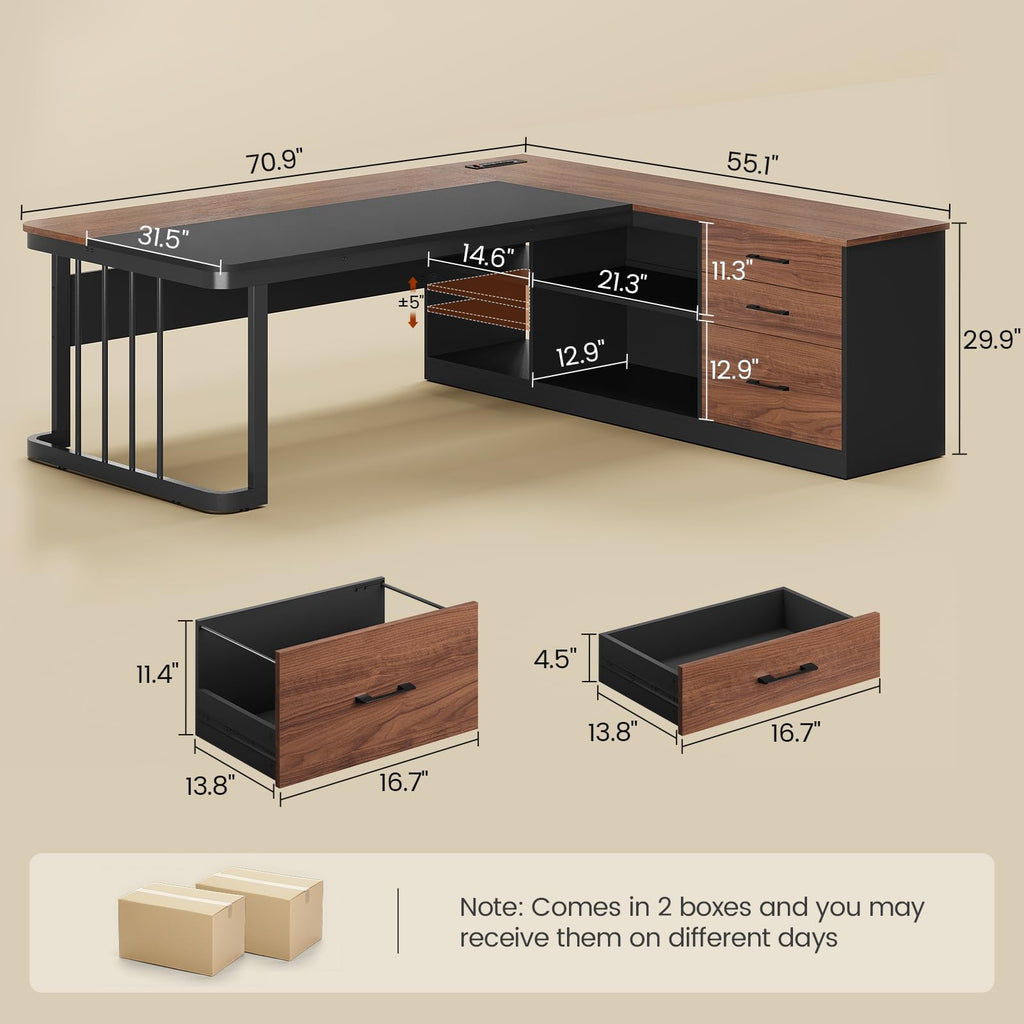 71" L Shaped Computer Desk with Drawers and Power Outlets S67293