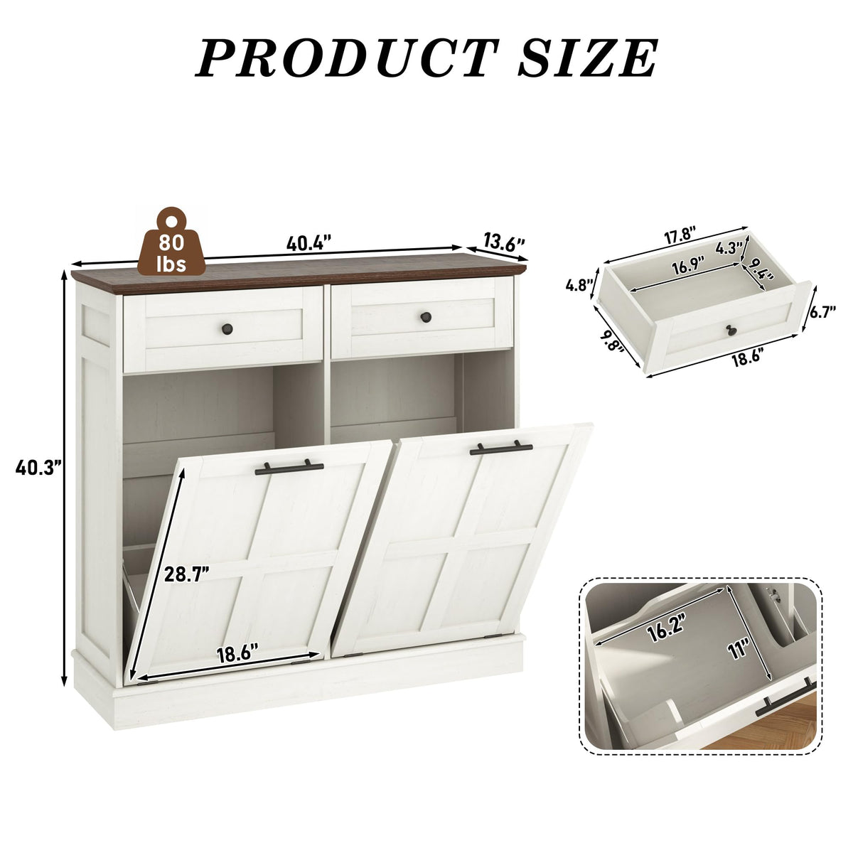 Antique White 26 Gallons Wood Trash Can Cabinet with Drawers L65934