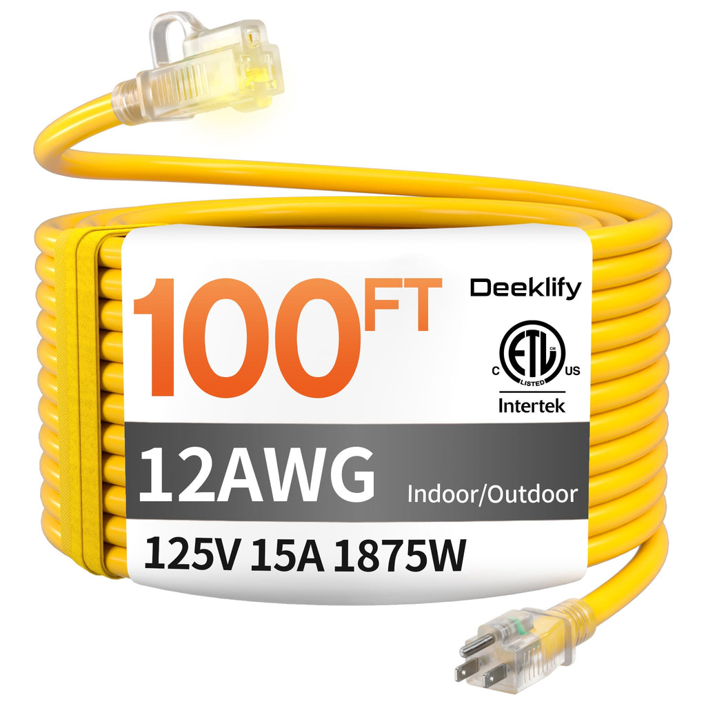 100FT Heavy Duty Outdoor Extension Cord Waterproof Yellow Y768