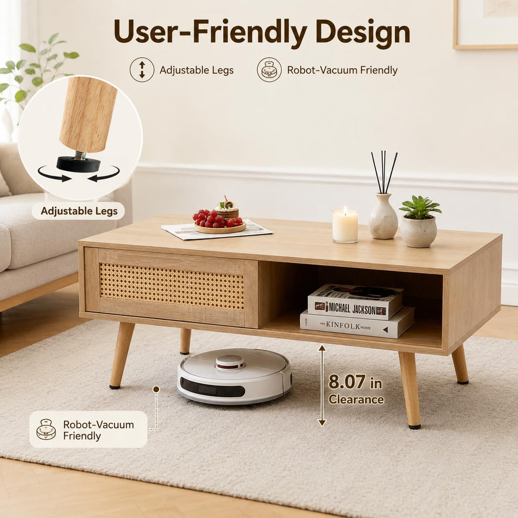 Rattan Coffee Table with Sliding Door Storage U6148