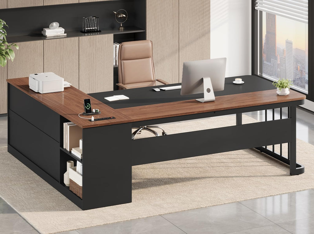 71" L Shaped Computer Desk with Drawers and Power Outlets S67293