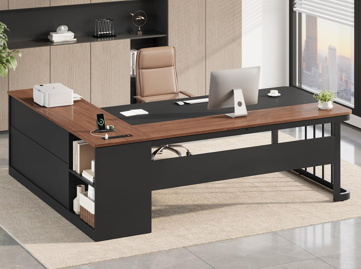 71" L Shaped Computer Desk with Drawers and Power Outlets S67293