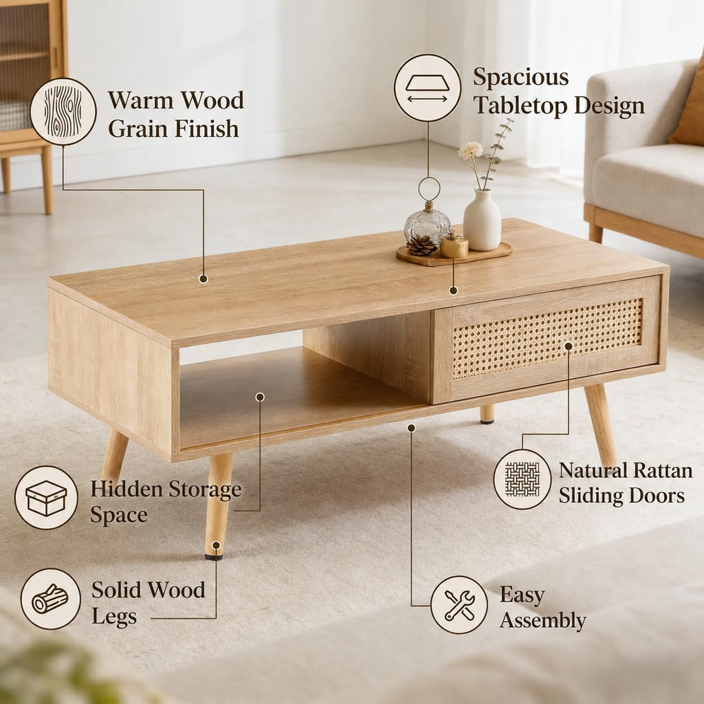Rattan Coffee Table with Sliding Door Storage U6148