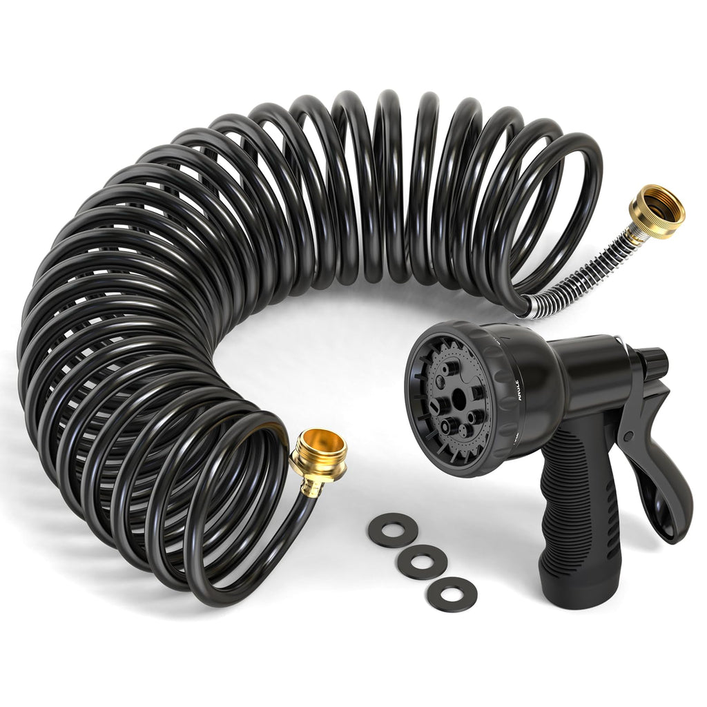 100FT x 3/8" Coil Expandable Garden Hose with 8 Patterns Spray Nozzle K757