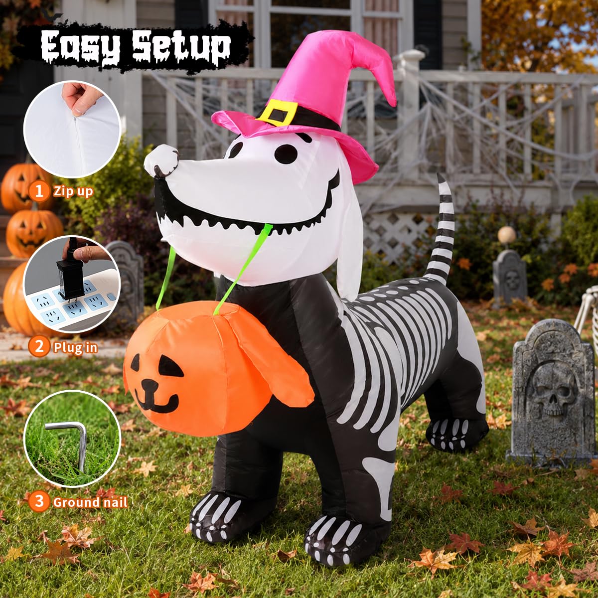 5.5 FT Halloween Inflatable Skeleton Puppy with Build-in LEDs D4670