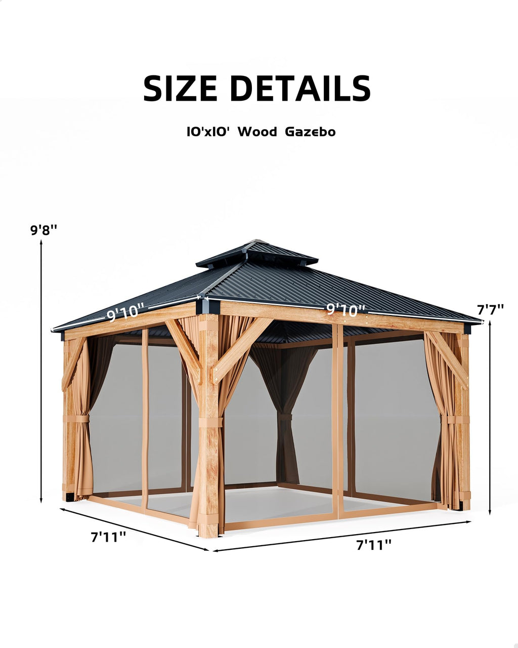 Hardtop Wood Gazebo 10 x 10 ft with Double Metal Roof Z741175