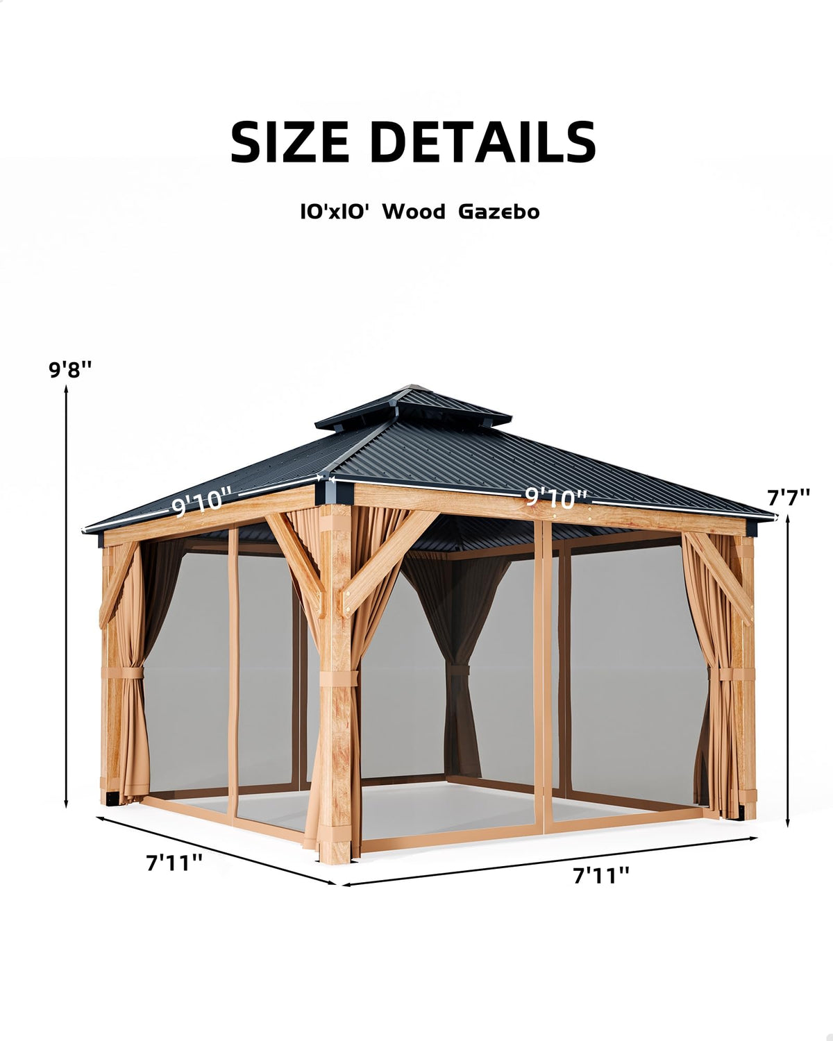 Hardtop Wood Gazebo 10 x 10 ft with Double Metal Roof Z741175