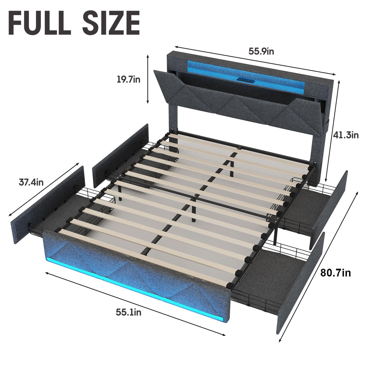 Full Size Upholstered Platform Bed Frame with Storage Headboard and 4 Drawers X91004