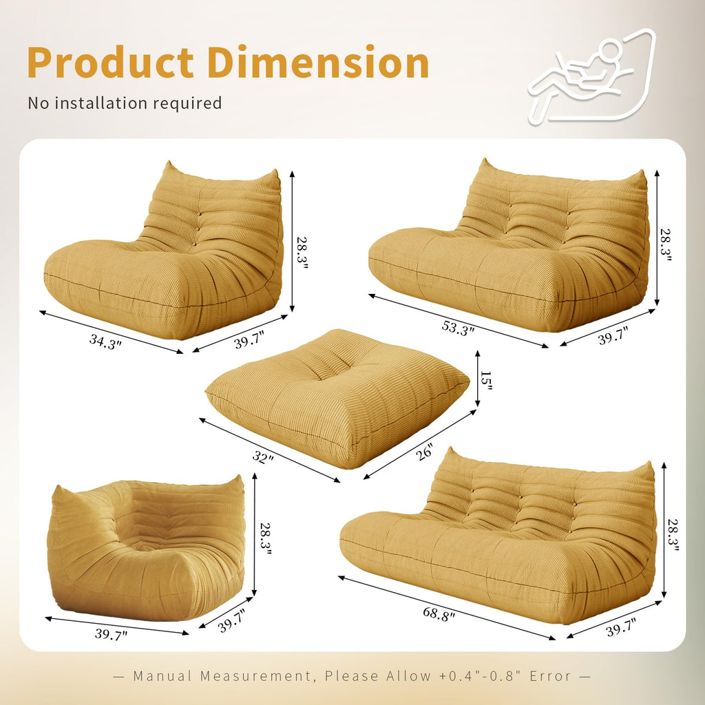 Yellow Corduroy Memory Foam Bean Bag Chair M3745