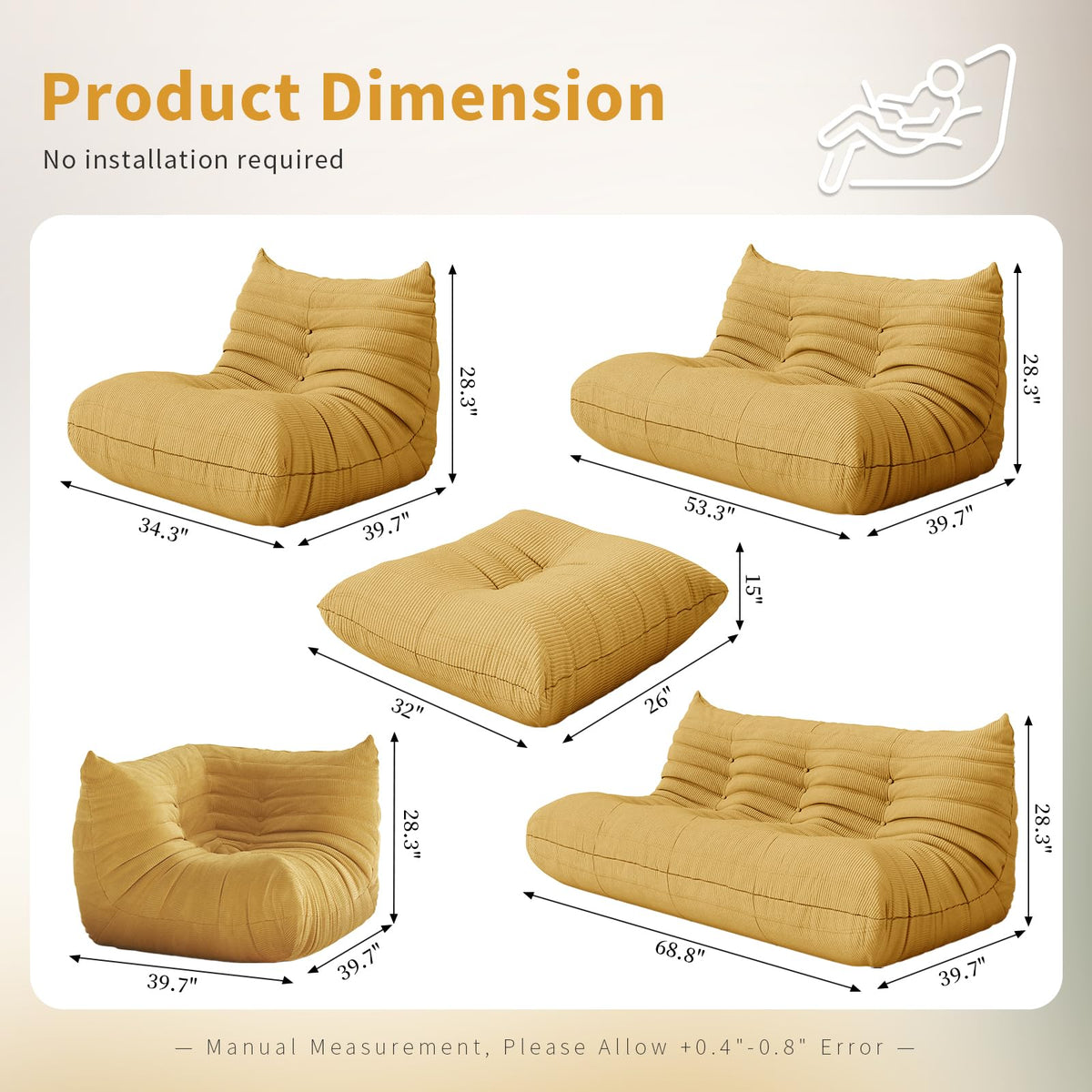 Yellow Corduroy Memory Foam Bean Bag Chair M3745