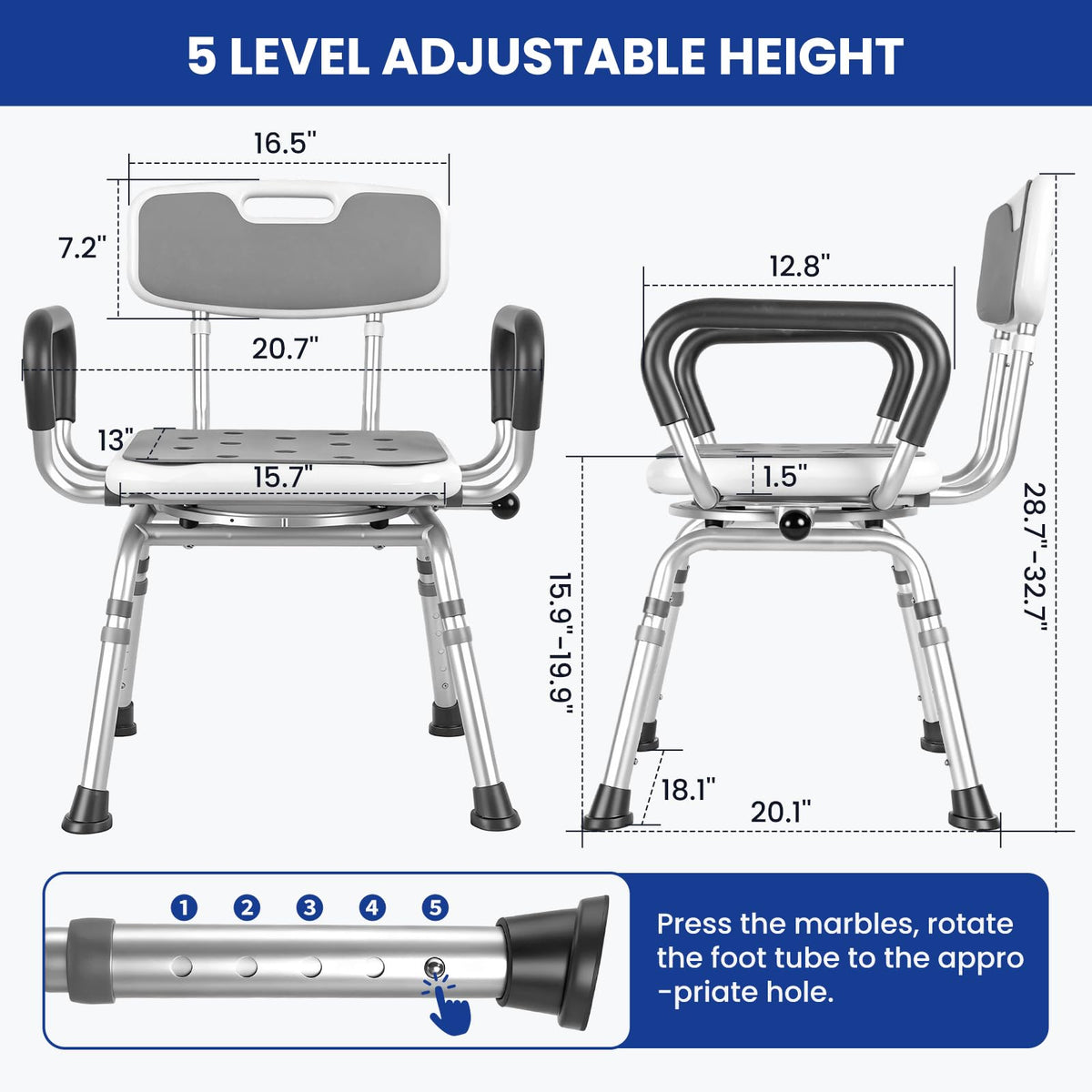Swivel Shower Chair with Arms & Back, 5-Level Height Adjustable, 300 lbs I111295