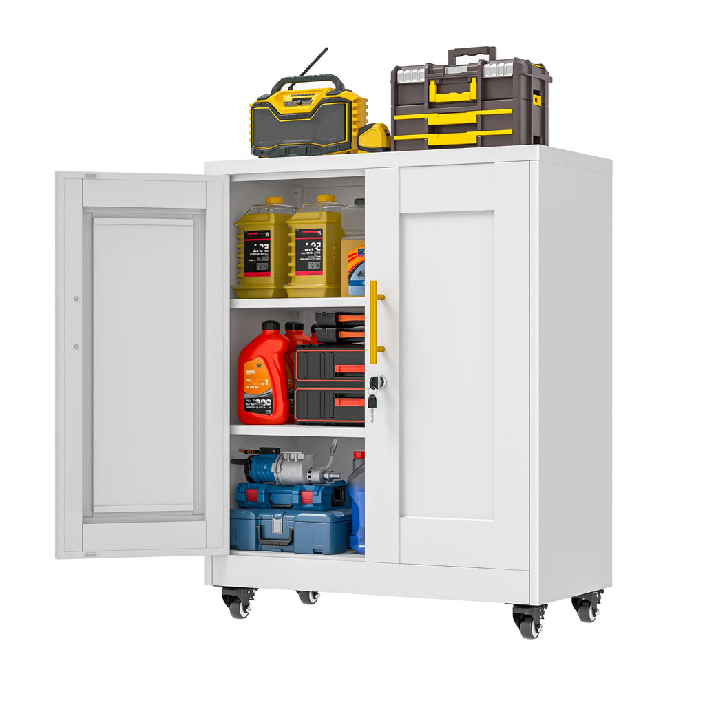 White Metal Storage Cabinet with Wheels H9773
