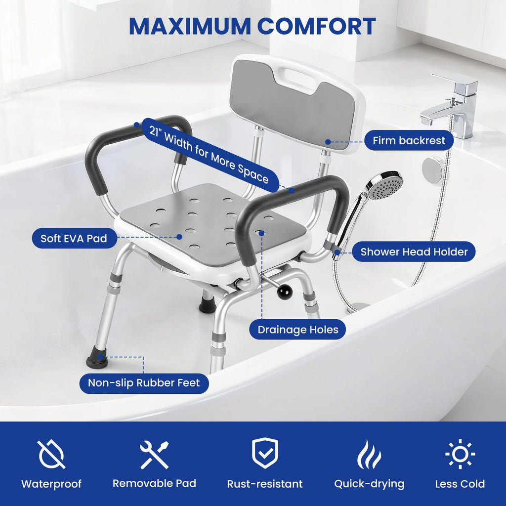 Swivel Shower Chair with Arms & Back, 5-Level Height Adjustable, 300 lbs I111295