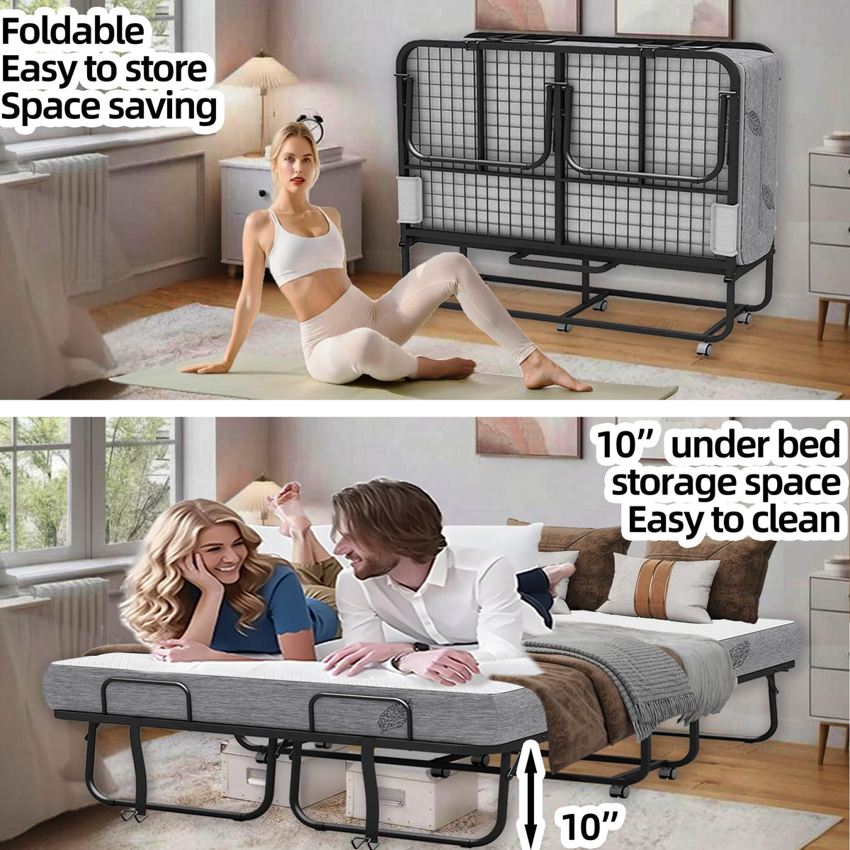Folding Bed with Mattress Full Size 75 X 54 inch Memory Foam on Wheels H98534