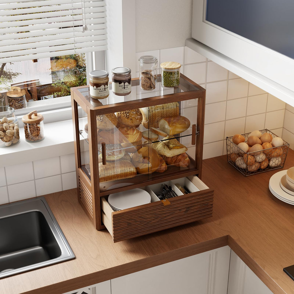 2-Tier Glass Door Wooden Bread Box D680237